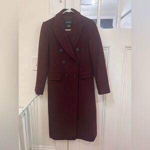 Club Monaco Double-Breasted Long Coat in Deep Burgundy